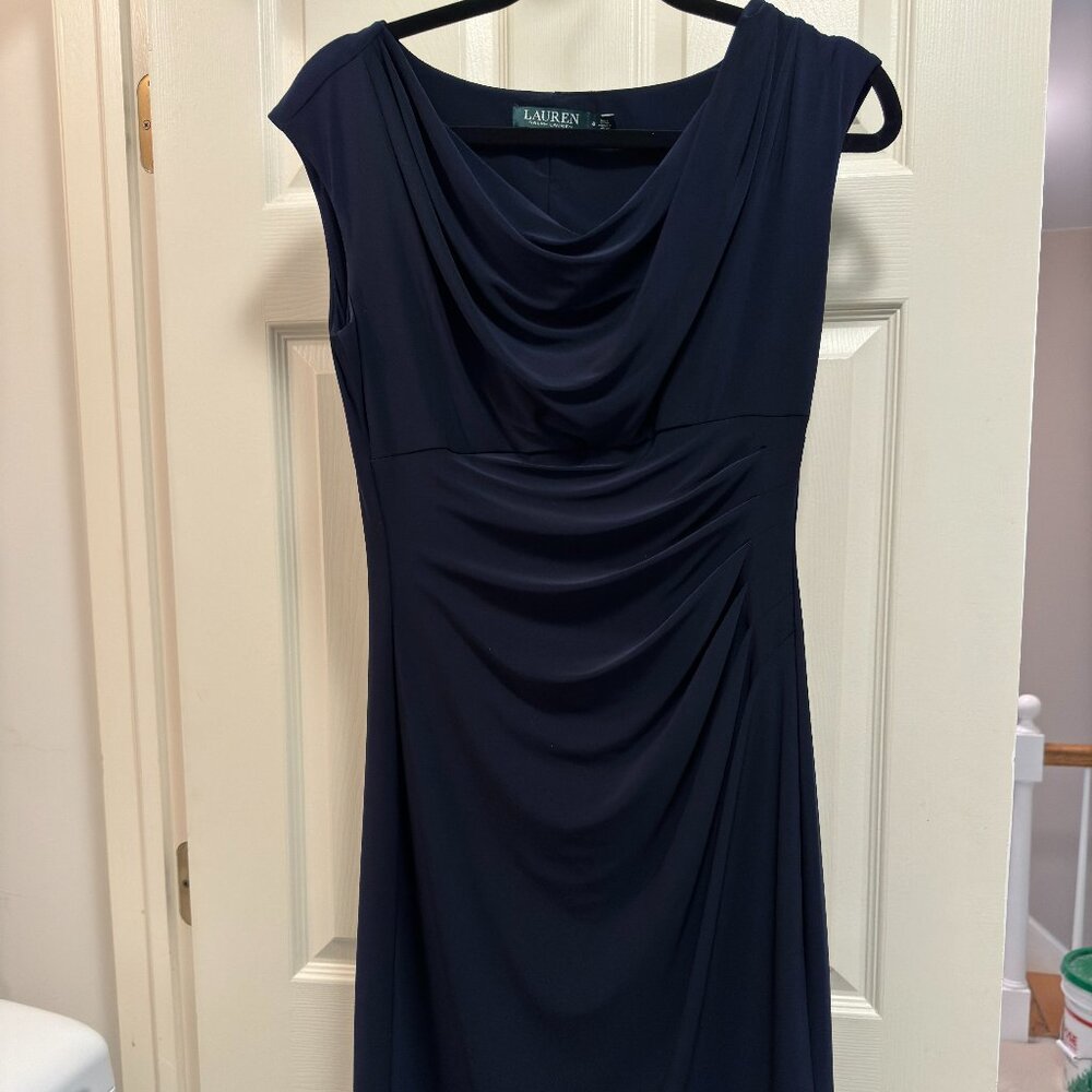 Lauren-Ralph Lauren Navy Drape-Front Lined Dress
